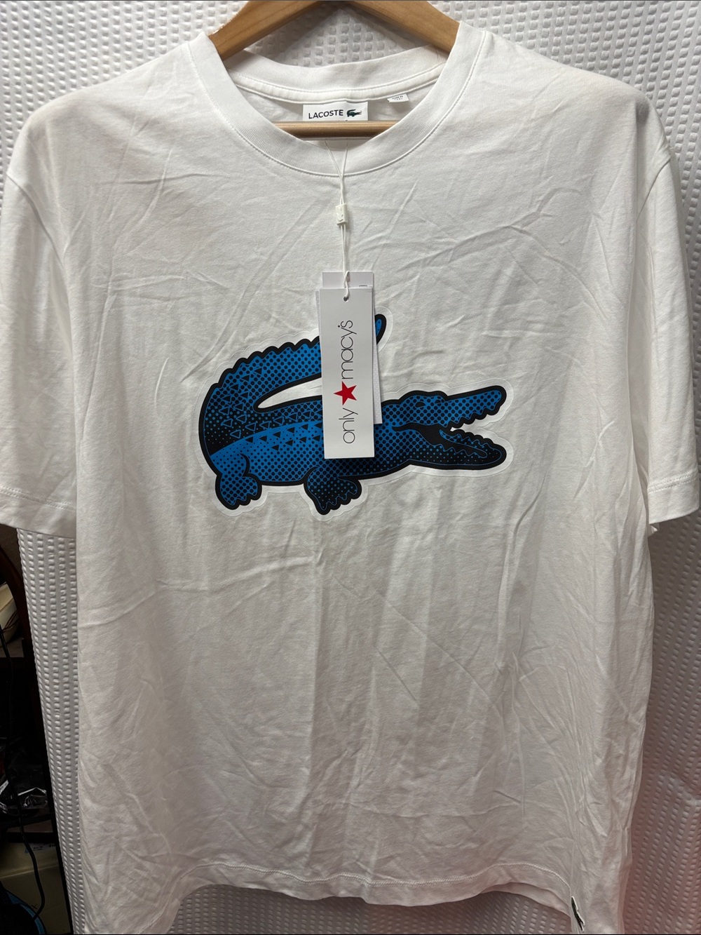 Lacoste White Short-Sleeve Tee with Blue Crocodile Graphic